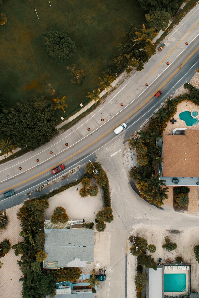 Drone view of suburban houses, road, and lush greenery, showcasing modern architecture.
